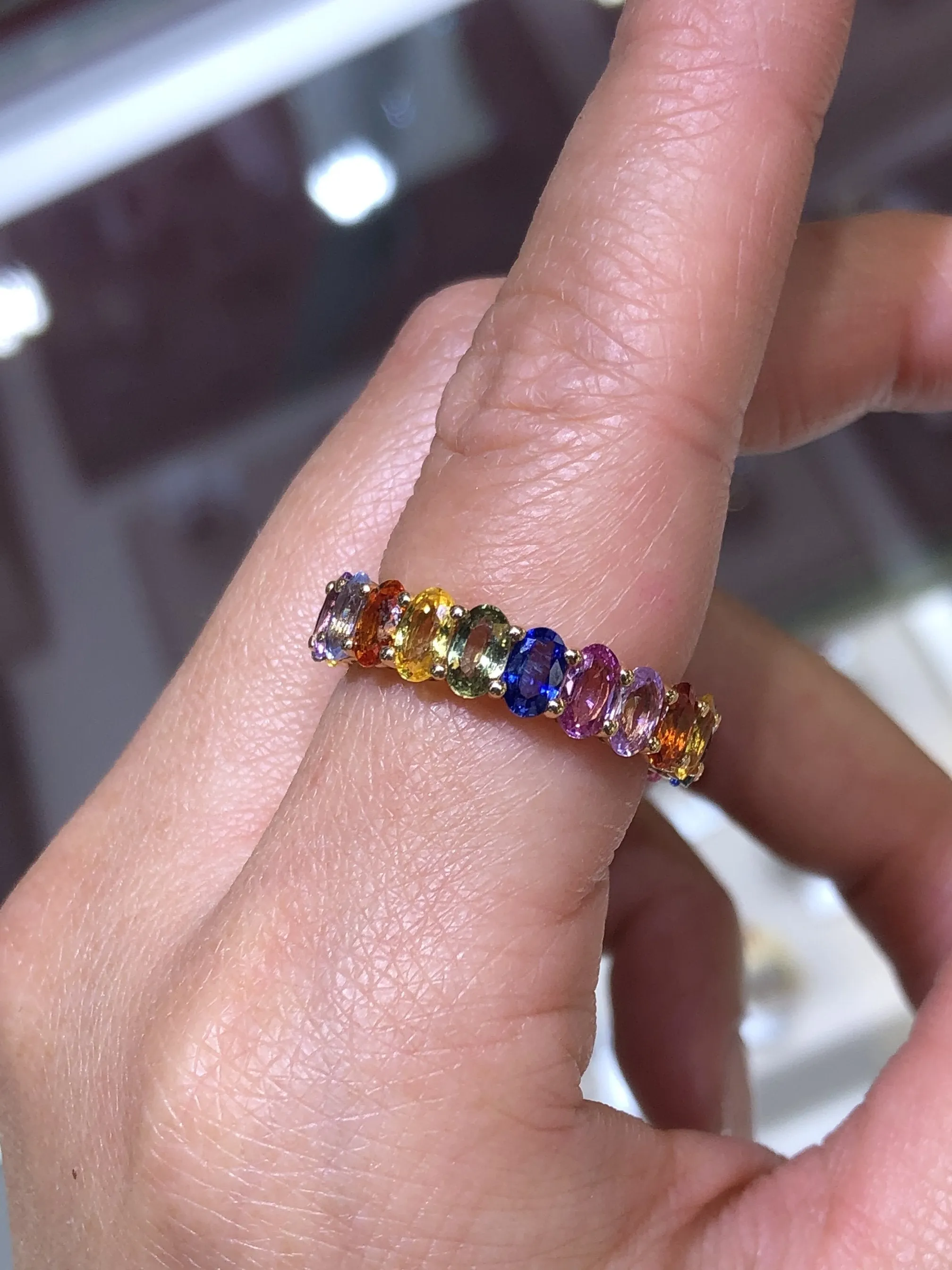 14K Gold Rainbow Sapphire Oval Eternity Band