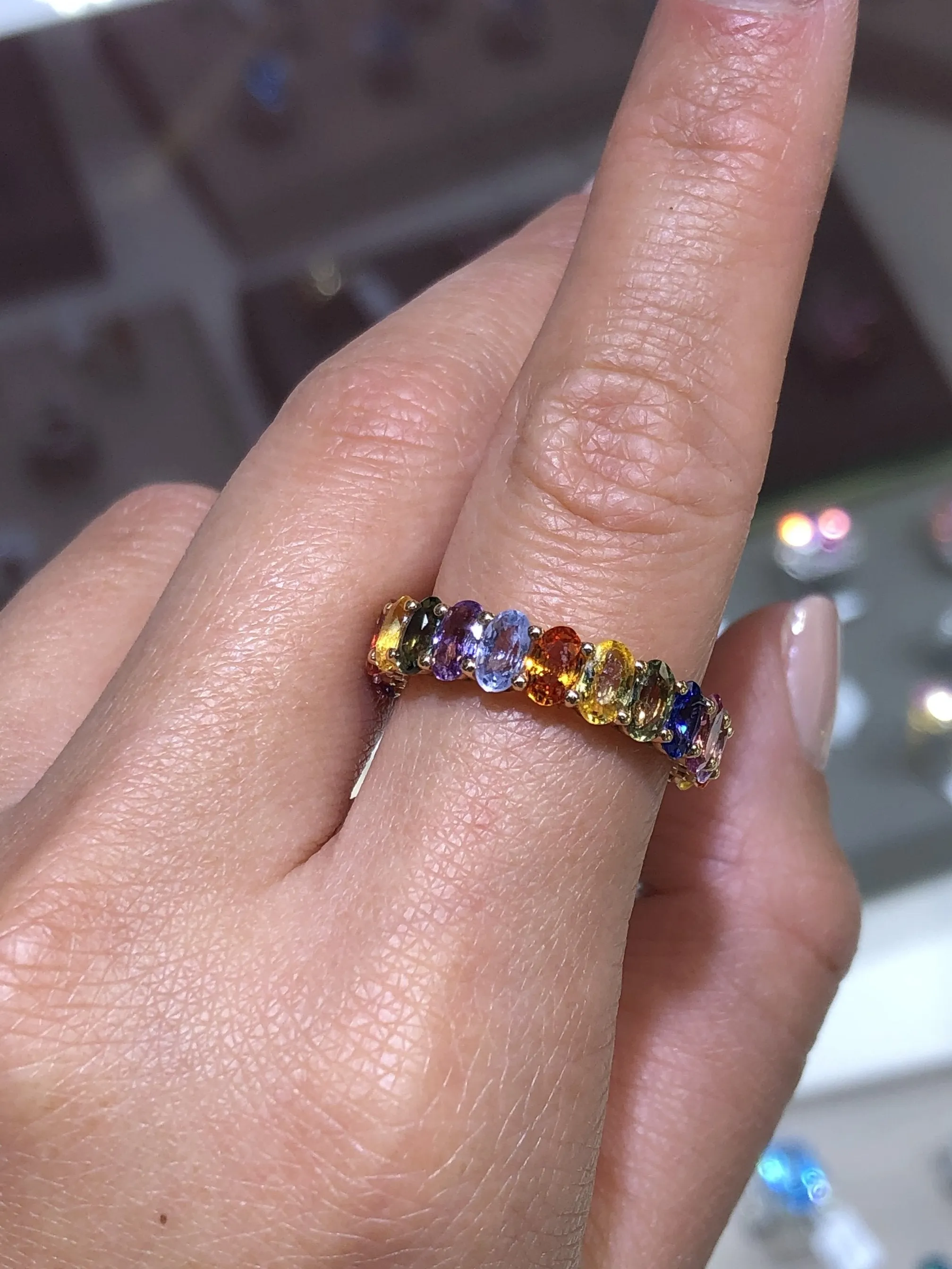 14K Gold Rainbow Sapphire Oval Eternity Band