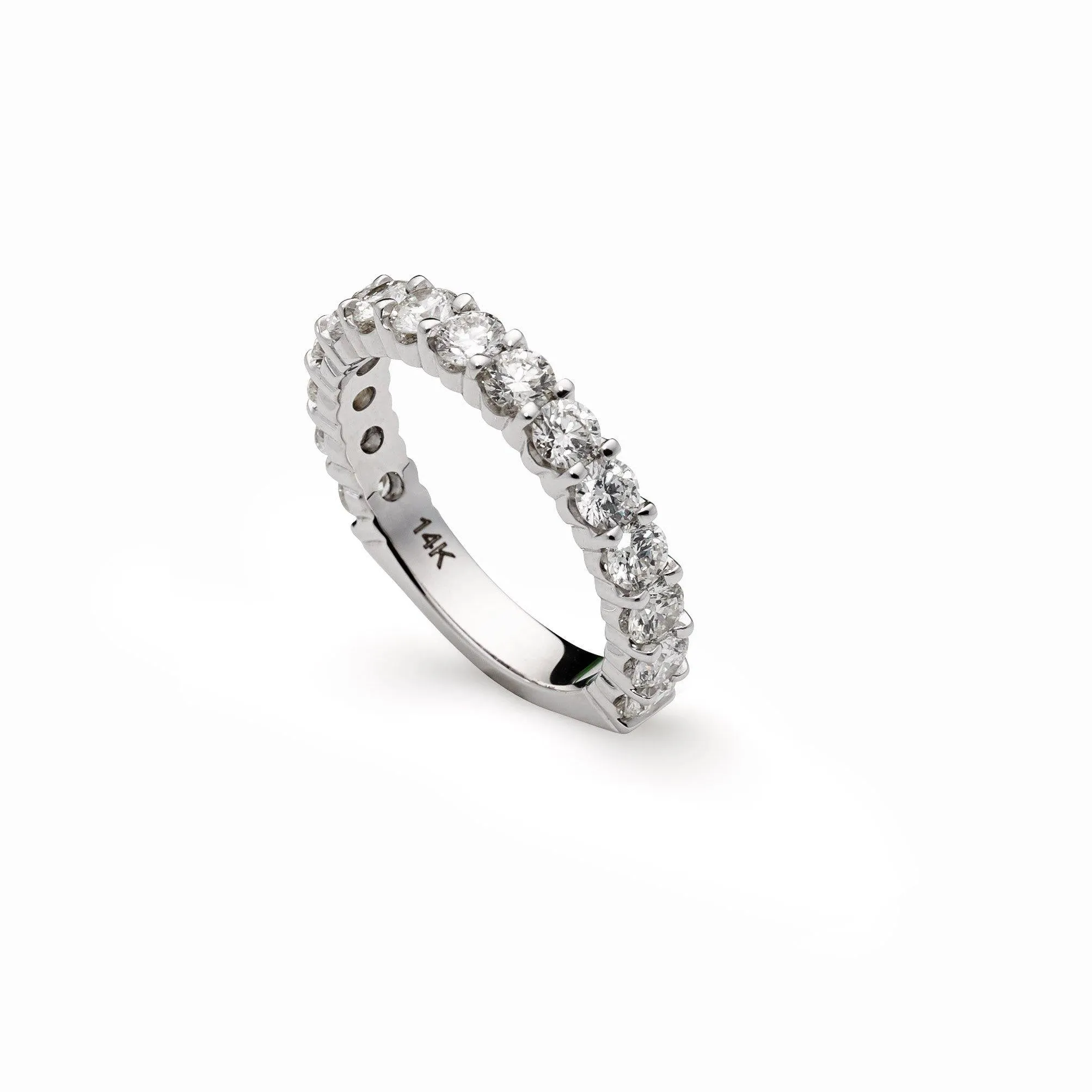 14K White Gold Diamond Wedding Band W/ 1.3ct VS-SI Diamonds & Slightly Scalloped Shared Prong Setting