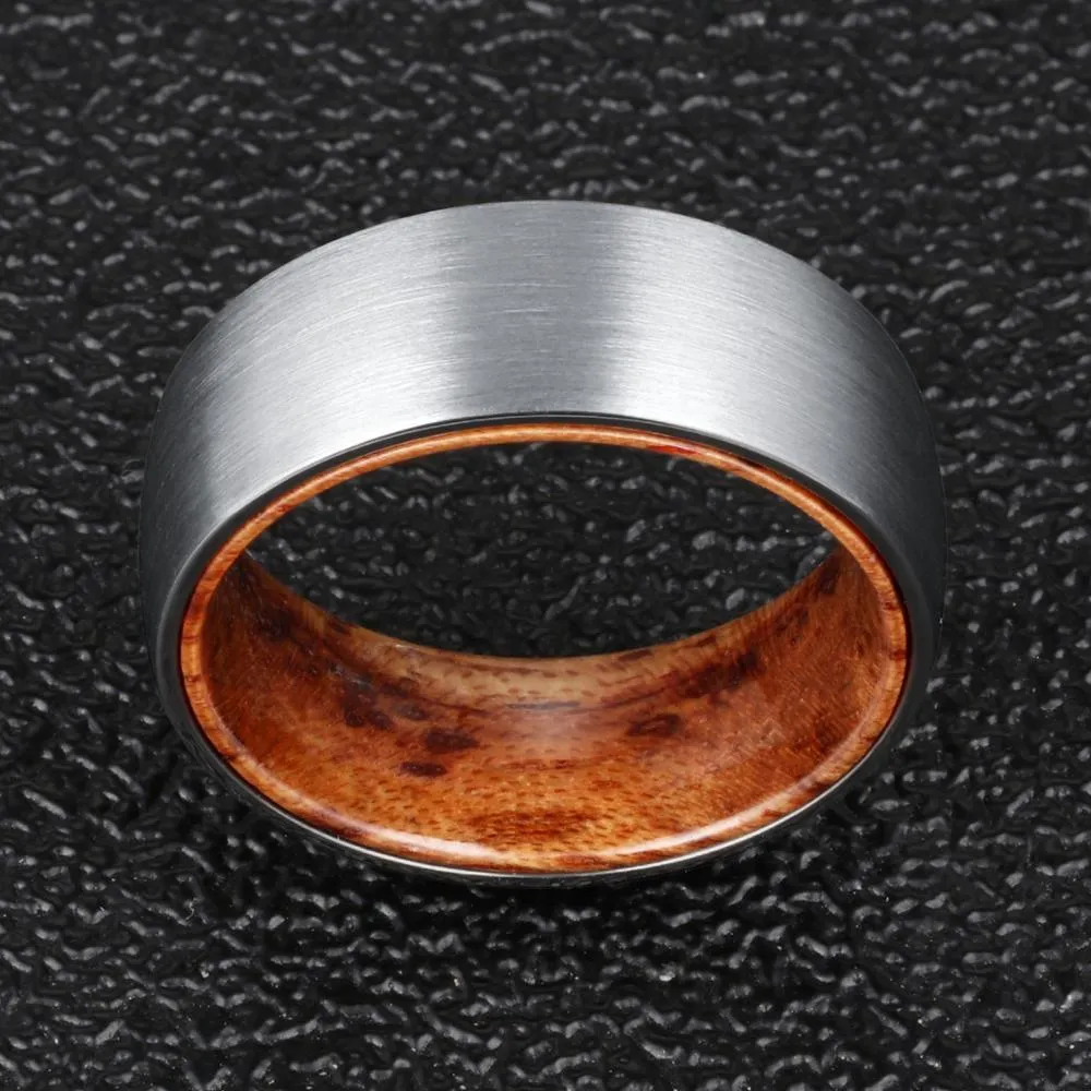 8mm Men Brushed Dome Tungsten Carbide with Rosewood Interior Comfort Fit Wedding Band