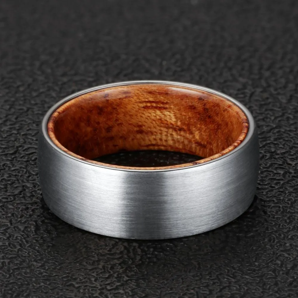 8mm Men Brushed Dome Tungsten Carbide with Rosewood Interior Comfort Fit Wedding Band