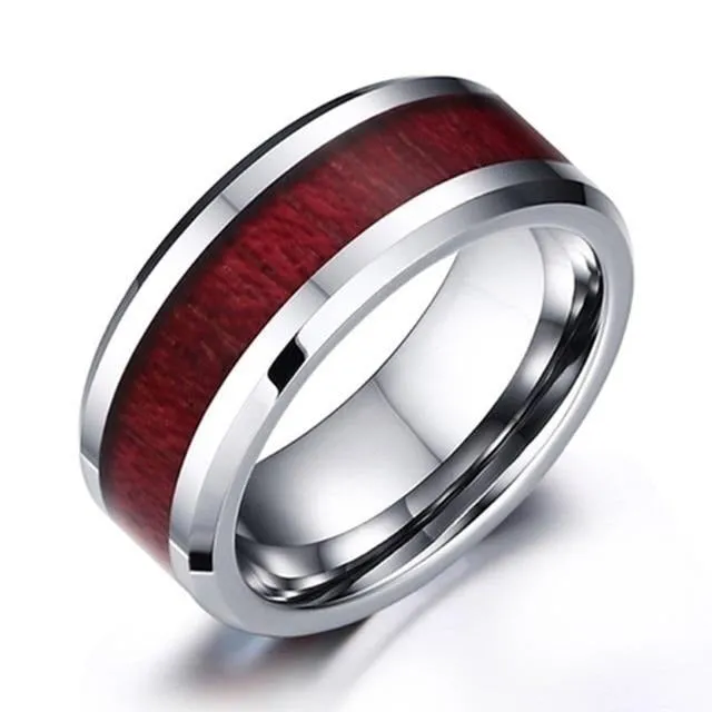 8mm Red Koa Wood and White Heart Cubic Zirconia Stainless Steel Wedding Bands Set