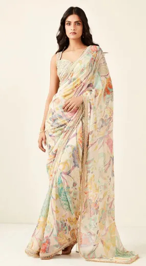 91A285 Multicolor Printed Saree With Sleeveless Blouse