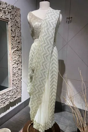 91A291 White Fusion Sequinned Embroidered Saree