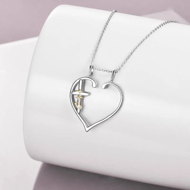 925 Sterling Silver Heart Ring Holder Cross Faith Hope Love Necklace