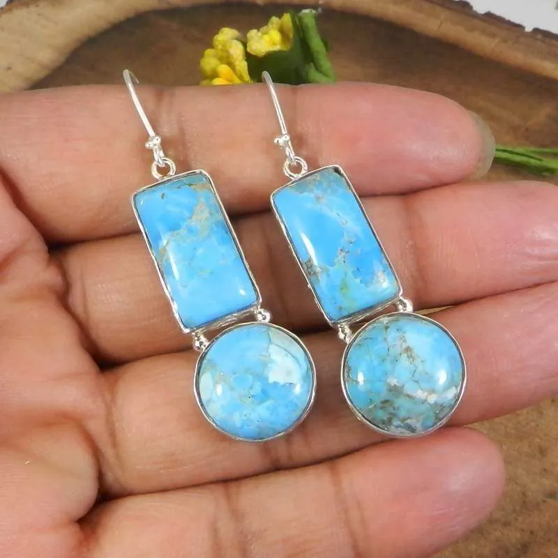 925 Sterling Silver Natural Turquoise Bezel Setting Handmade Dangle Earrings