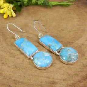 925 Sterling Silver Natural Turquoise Bezel Setting Handmade Dangle Earrings