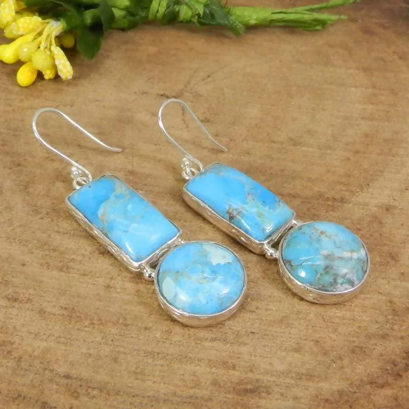 925 Sterling Silver Natural Turquoise Bezel Setting Handmade Dangle Earrings