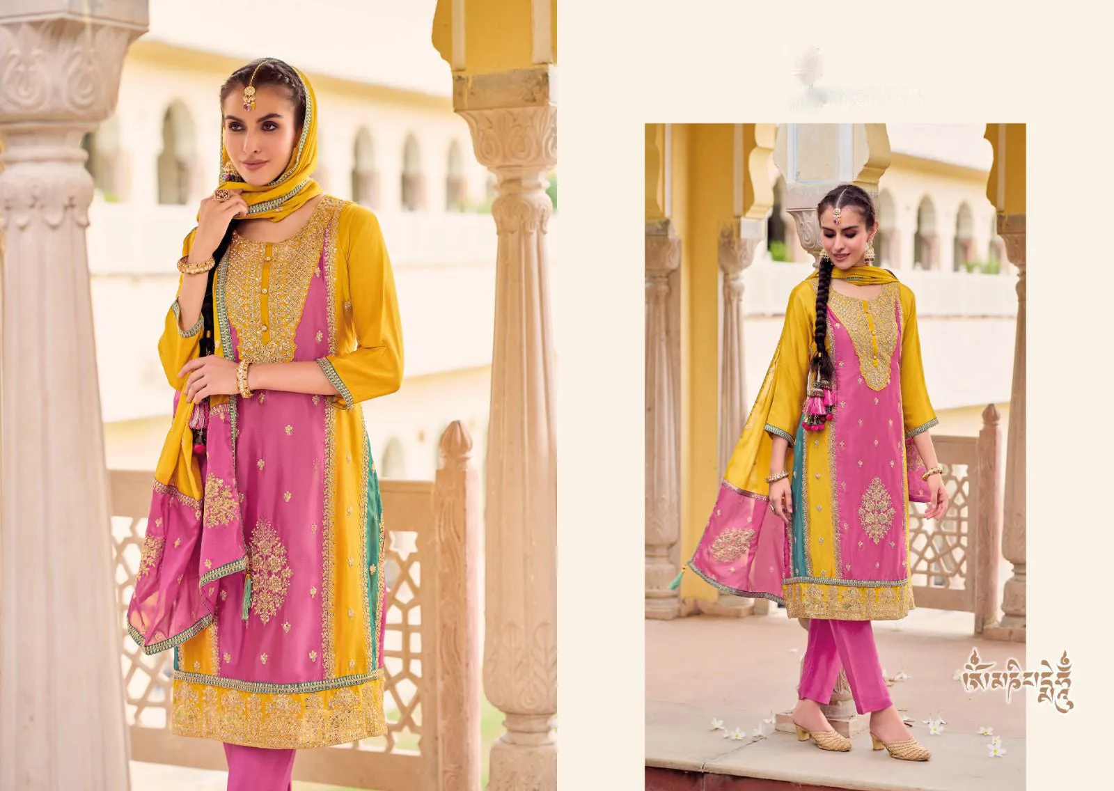 Aesthetic Pink And Yellow Color Heavy Chinon Embroidered Work Salwar Suits With Embroidery Dupatta