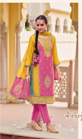 Aesthetic Pink And Yellow Color Heavy Chinon Embroidered Work Salwar Suits With Embroidery Dupatta