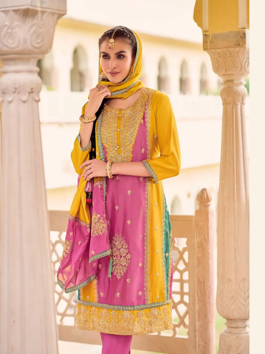 Aesthetic Pink And Yellow Color Heavy Chinon Embroidered Work Salwar Suits With Embroidery Dupatta