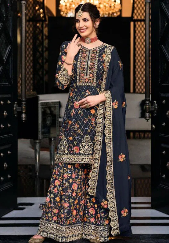 Alluring Dark Blue Color Designer Palazzo Suits With Dupatta