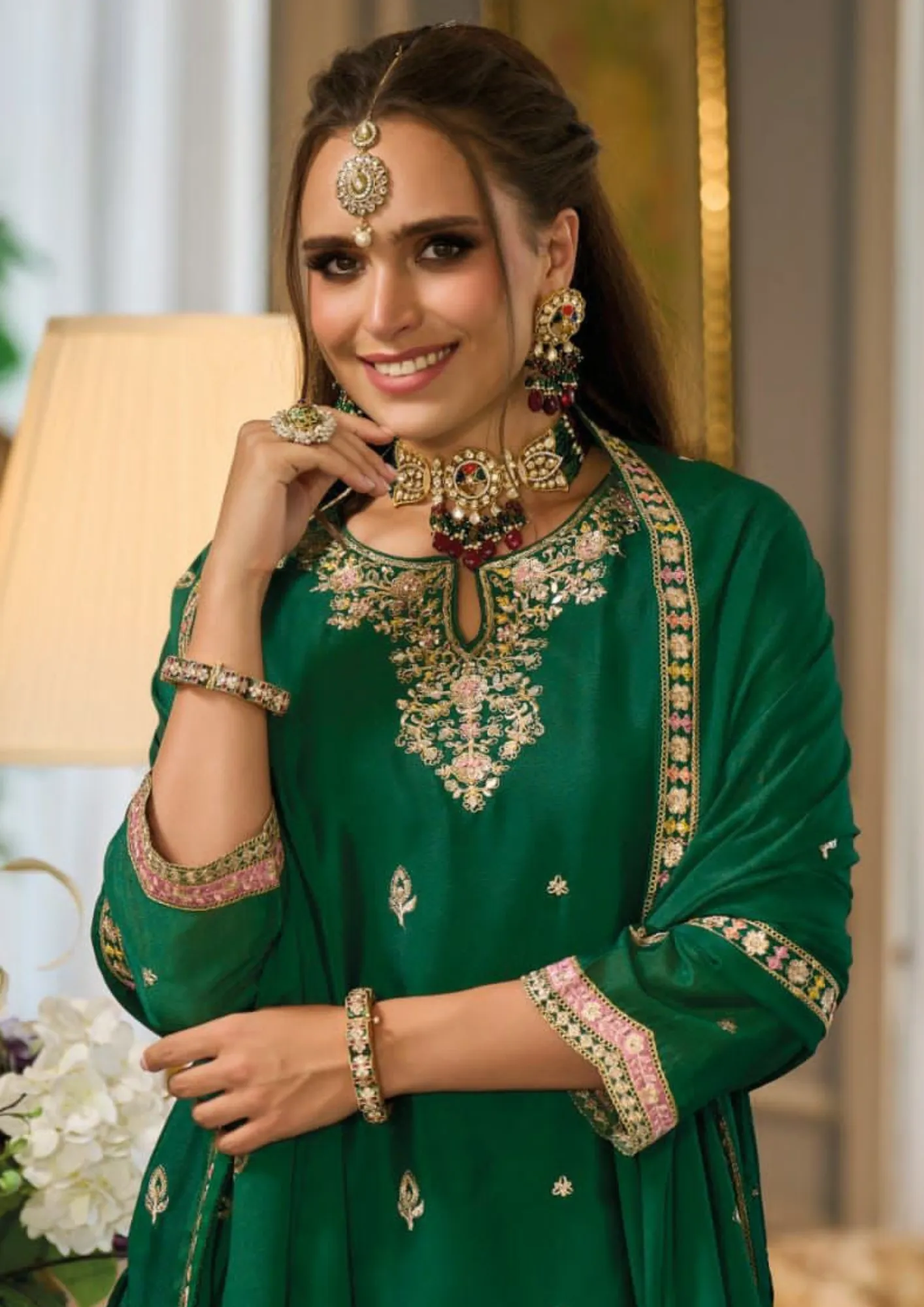 Alluring Green Color Chinon With Embroidery Work Designer Palazzo Suits With Dupatta