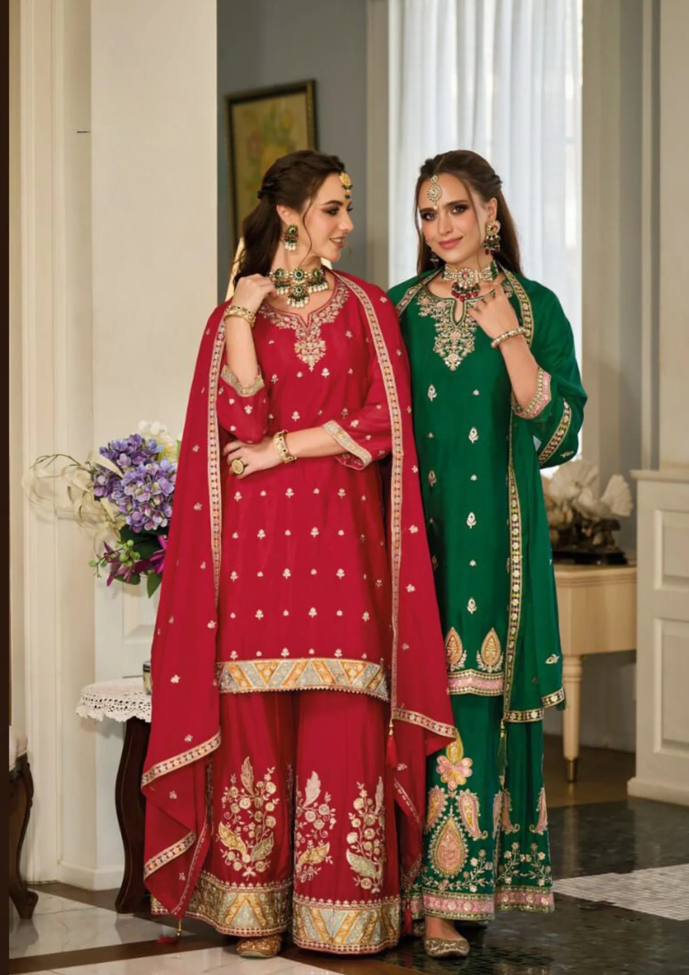 Alluring Green Color Chinon With Embroidery Work Designer Palazzo Suits With Dupatta