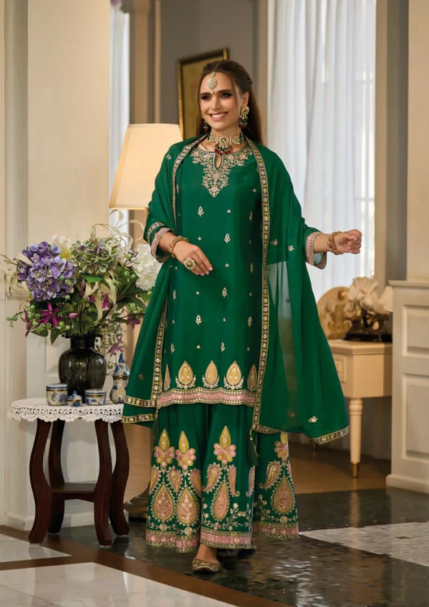 Alluring Green Color Chinon With Embroidery Work Designer Palazzo Suits With Dupatta