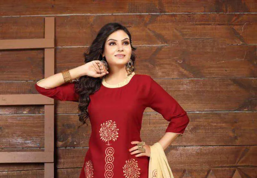 Alluring Red Color Printed Kurti With Beige Palazzo Pant and a Beige Dupatta