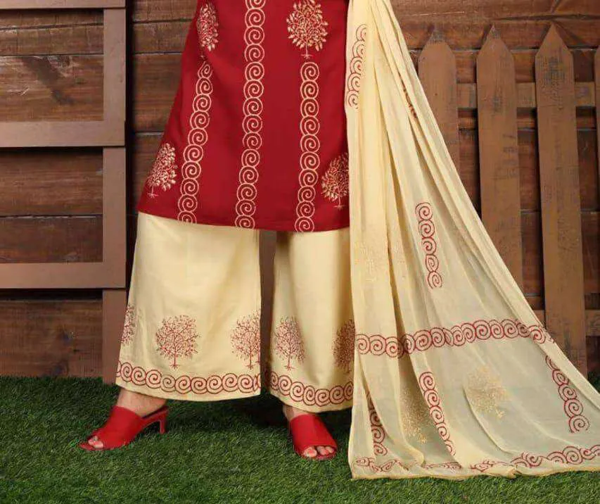 Alluring Red Color Printed Kurti With Beige Palazzo Pant and a Beige Dupatta