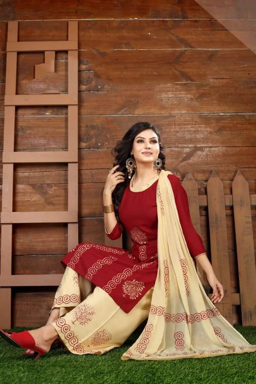 Alluring Red Color Printed Kurti With Beige Palazzo Pant and a Beige Dupatta