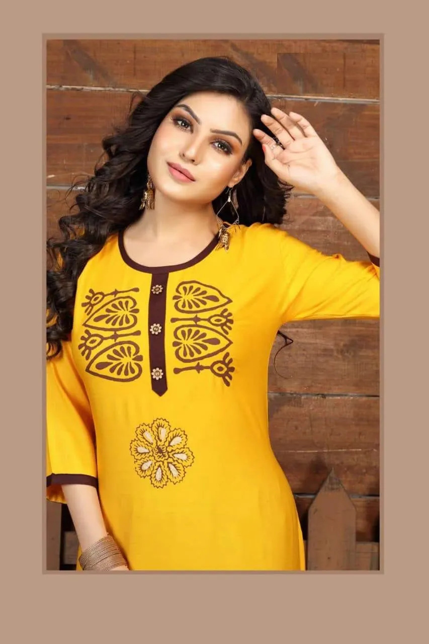 Amazing Yellow Slub Rayon Printed Round Neck Kurti With Palazzo Set