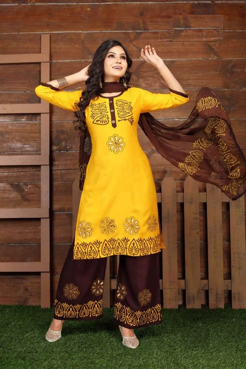 Amazing Yellow Slub Rayon Printed Round Neck Kurti With Palazzo Set