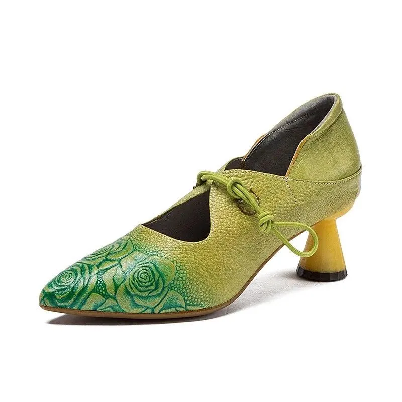 AMV123 Women's Leather Embroidery High Heels Casual Shoes Pumps