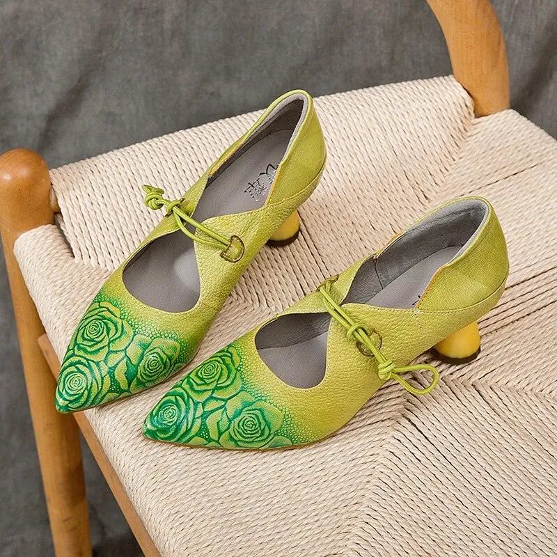 AMV123 Women's Leather Embroidery High Heels Casual Shoes Pumps