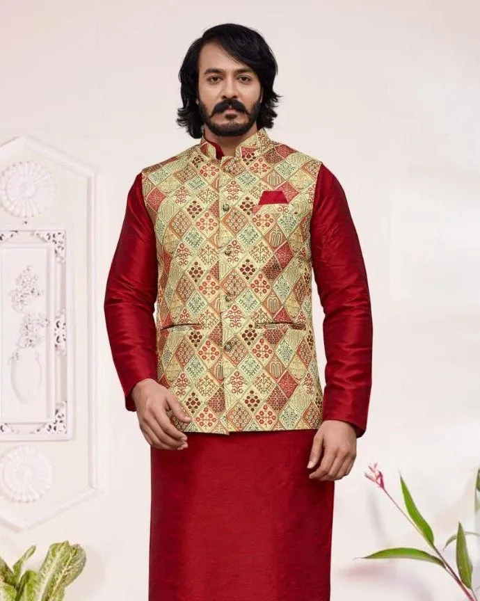 Appealing Red Color Wedding Silk Kurta Jacket With Cotton Pajama Set