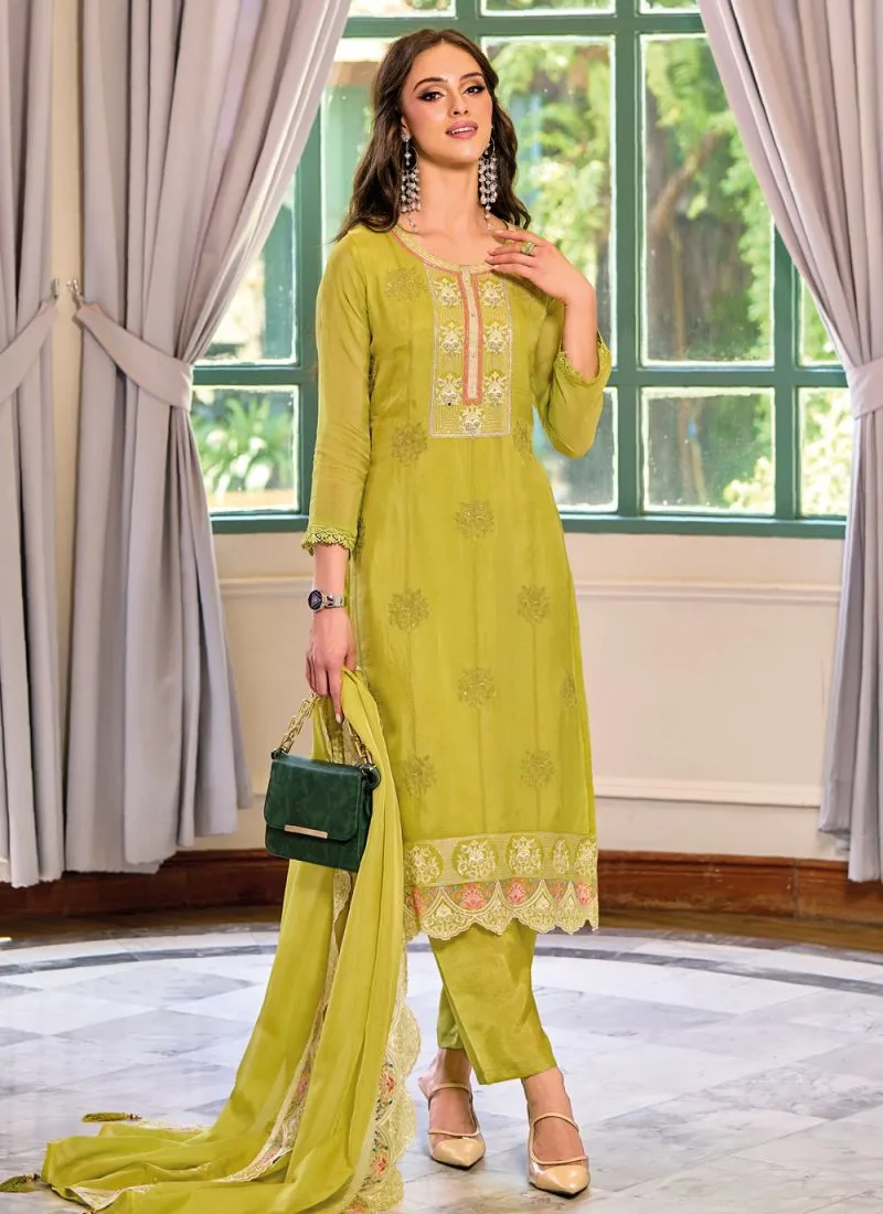 Attractive Light Green Color Embroidered Organza Engagement Salwar Suits