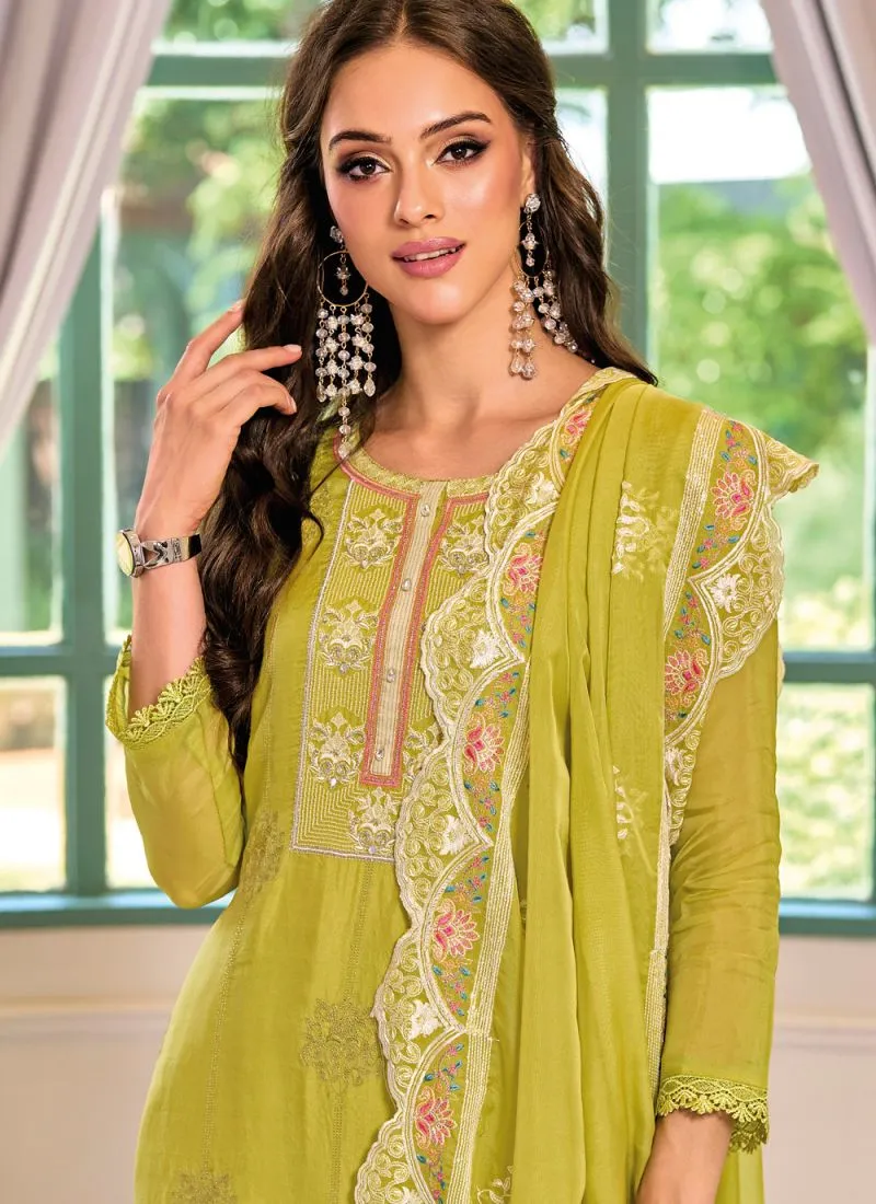 Attractive Light Green Color Embroidered Organza Engagement Salwar Suits