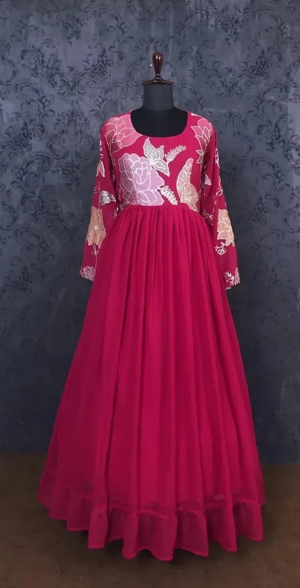 Attractive Pink Color Designer Blooming Georgette Gown With Embroidery And Sequins Work