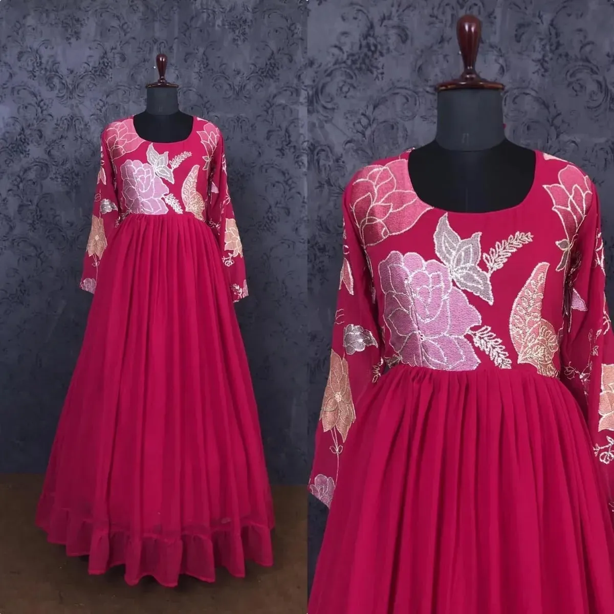 Attractive Pink Color Designer Blooming Georgette Gown With Embroidery And Sequins Work