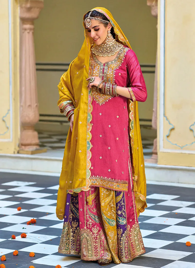 Attractive Premium Silk Pink And Yellow Multi Embroidery Festive Kurti