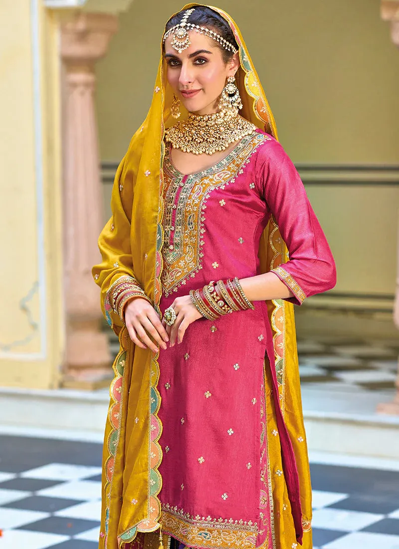 Attractive Premium Silk Pink And Yellow Multi Embroidery Festive Kurti