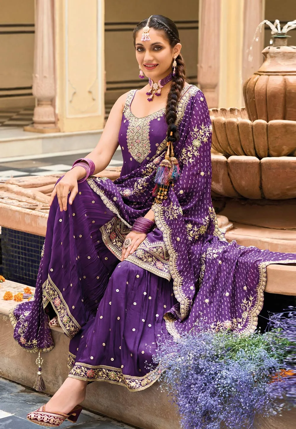 Attractive Purple Colored Designer Palazzo Suits With Digital Print Embroidery Work Dupatta