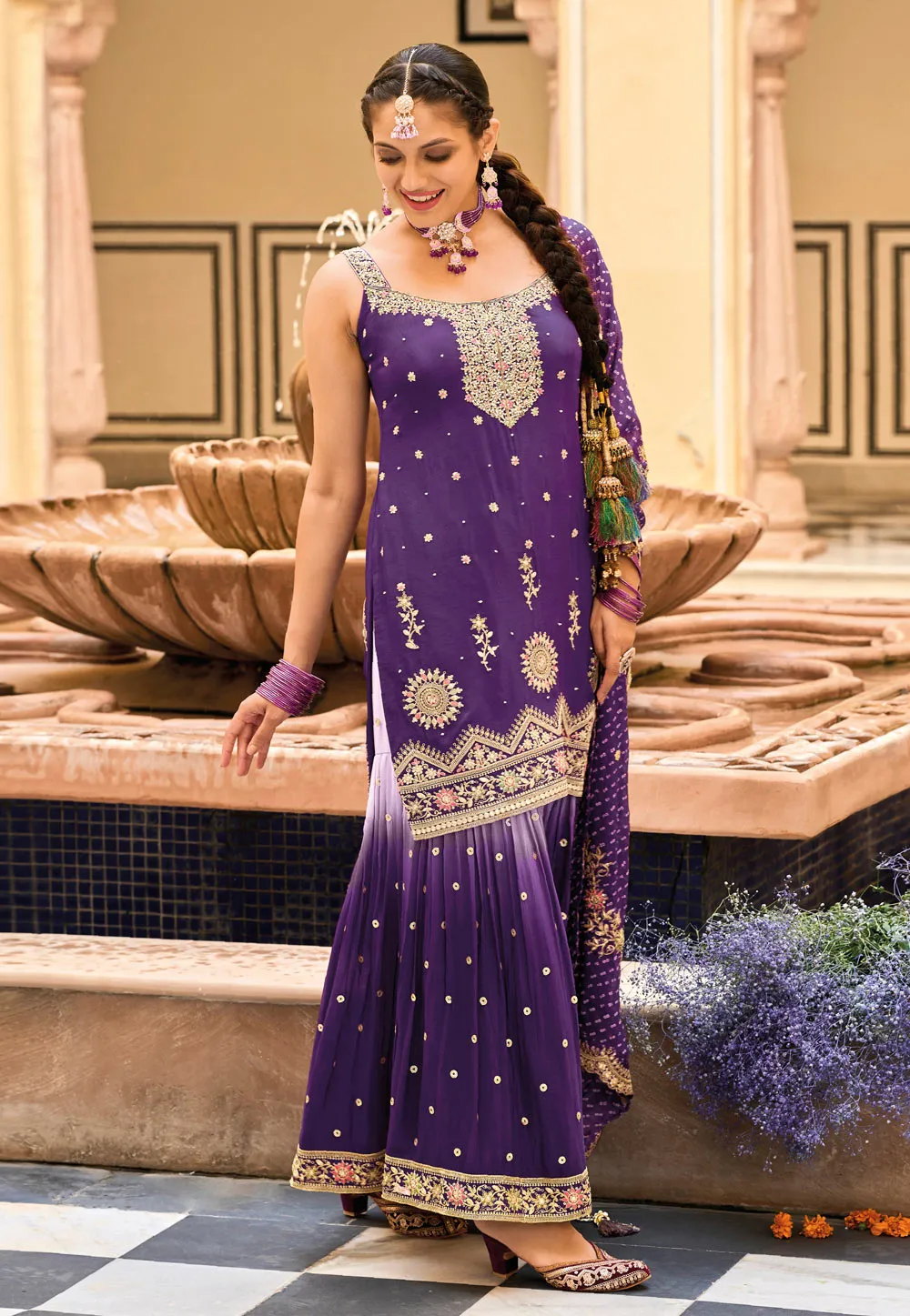 Attractive Purple Colored Designer Palazzo Suits With Digital Print Embroidery Work Dupatta