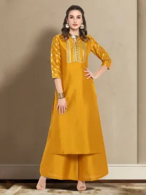 Attractive Women's Mustard Poly Silk Floral Print Kurti with Palazzo