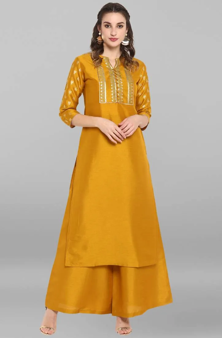 Attractive Women's Mustard Poly Silk Floral Print Kurti with Palazzo