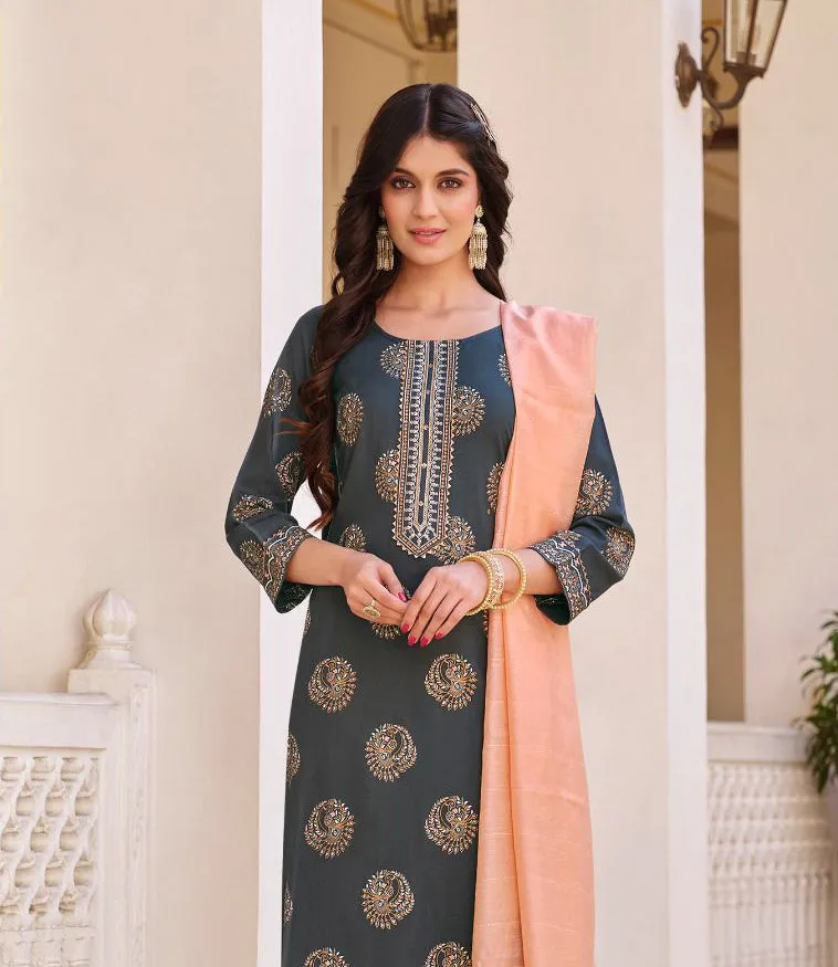 Beautiful Grey Colored Rayon Embroidery Kurti With Dupatta Sets