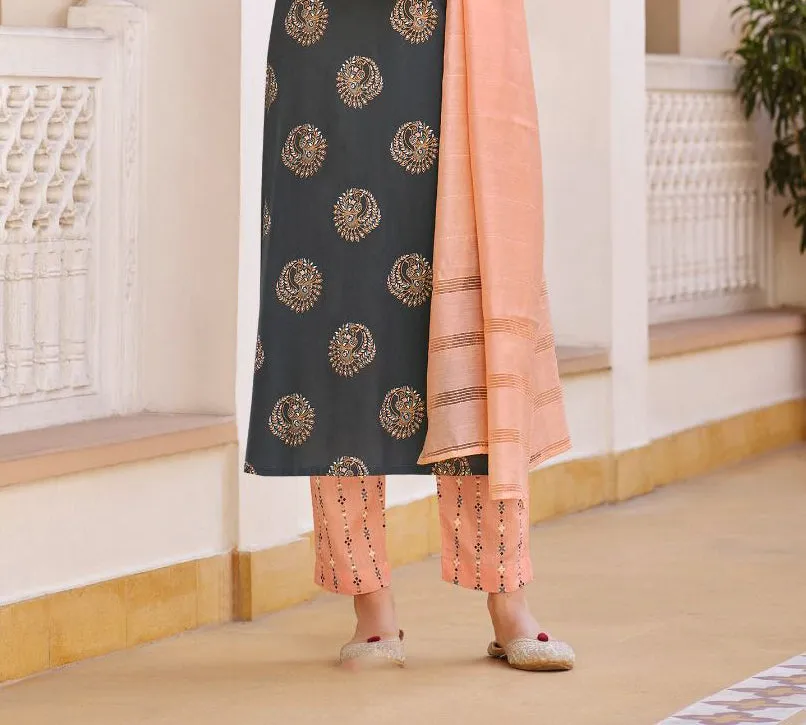 Beautiful Grey Colored Rayon Embroidery Kurti With Dupatta Sets