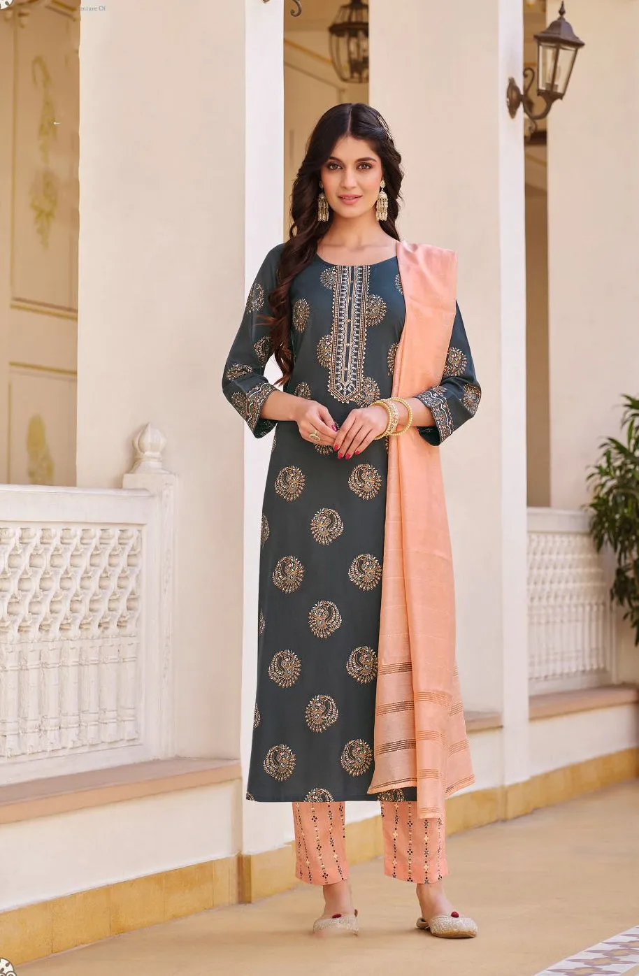 Beautiful Grey Colored Rayon Embroidery Kurti With Dupatta Sets