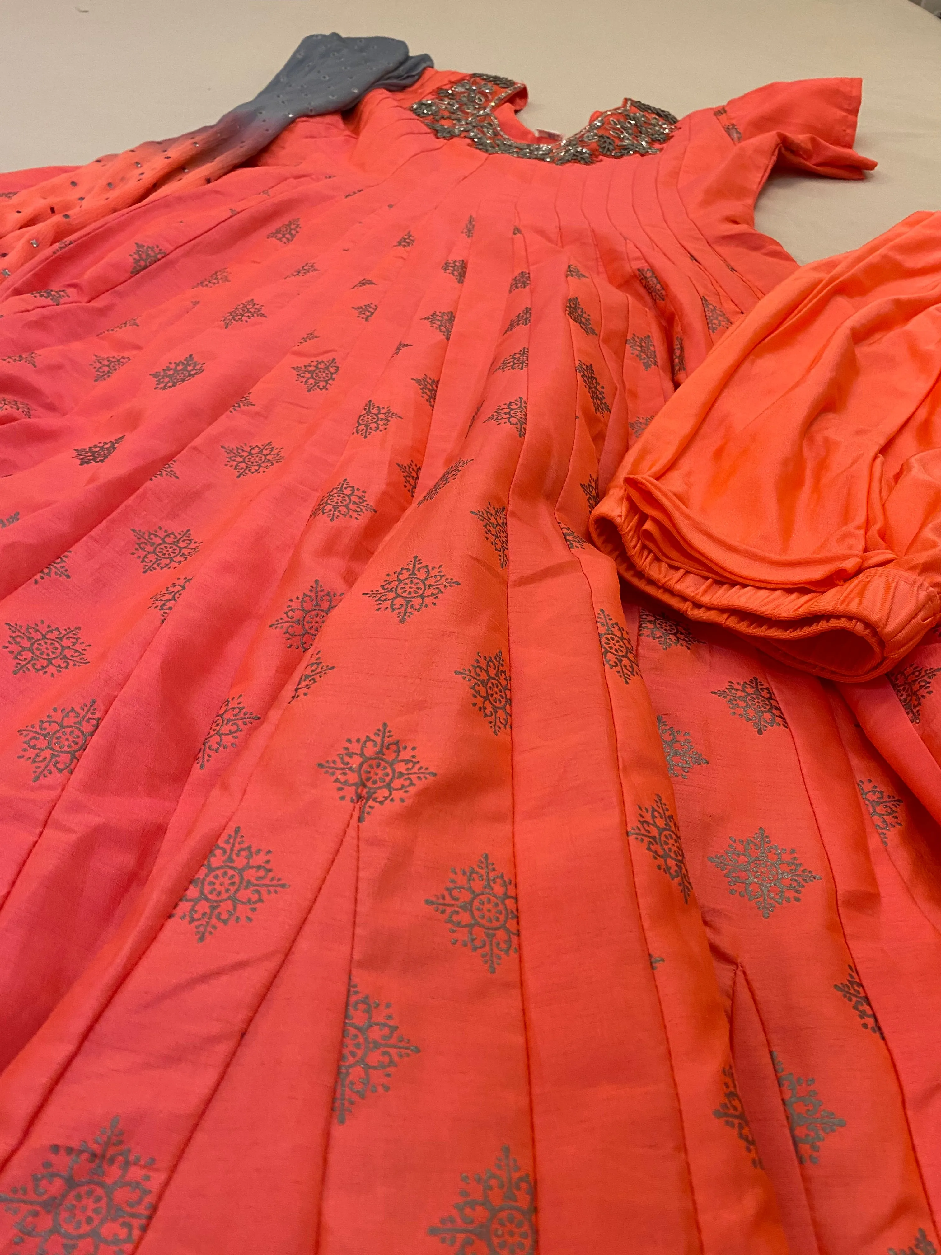 Beautiful Long Pink Anarkali Suit with Grey-Pink Dupatta and Bottom