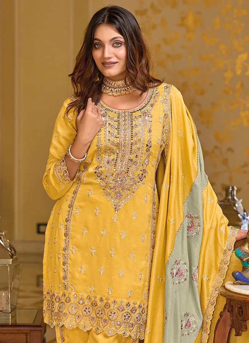 Beautiful Yellow Premium Silk Embroidered Festival Wedding Pant Salwar Kameez