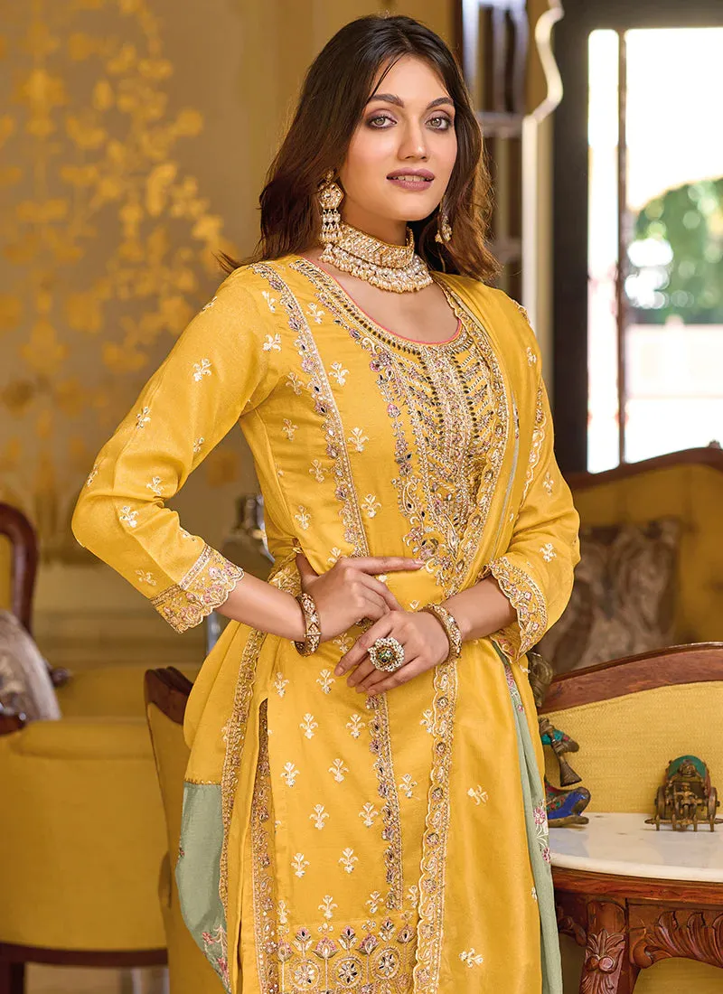 Beautiful Yellow Premium Silk Embroidered Festival Wedding Pant Salwar Kameez