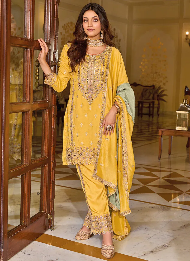 Beautiful Yellow Premium Silk Embroidered Festival Wedding Pant Salwar Kameez