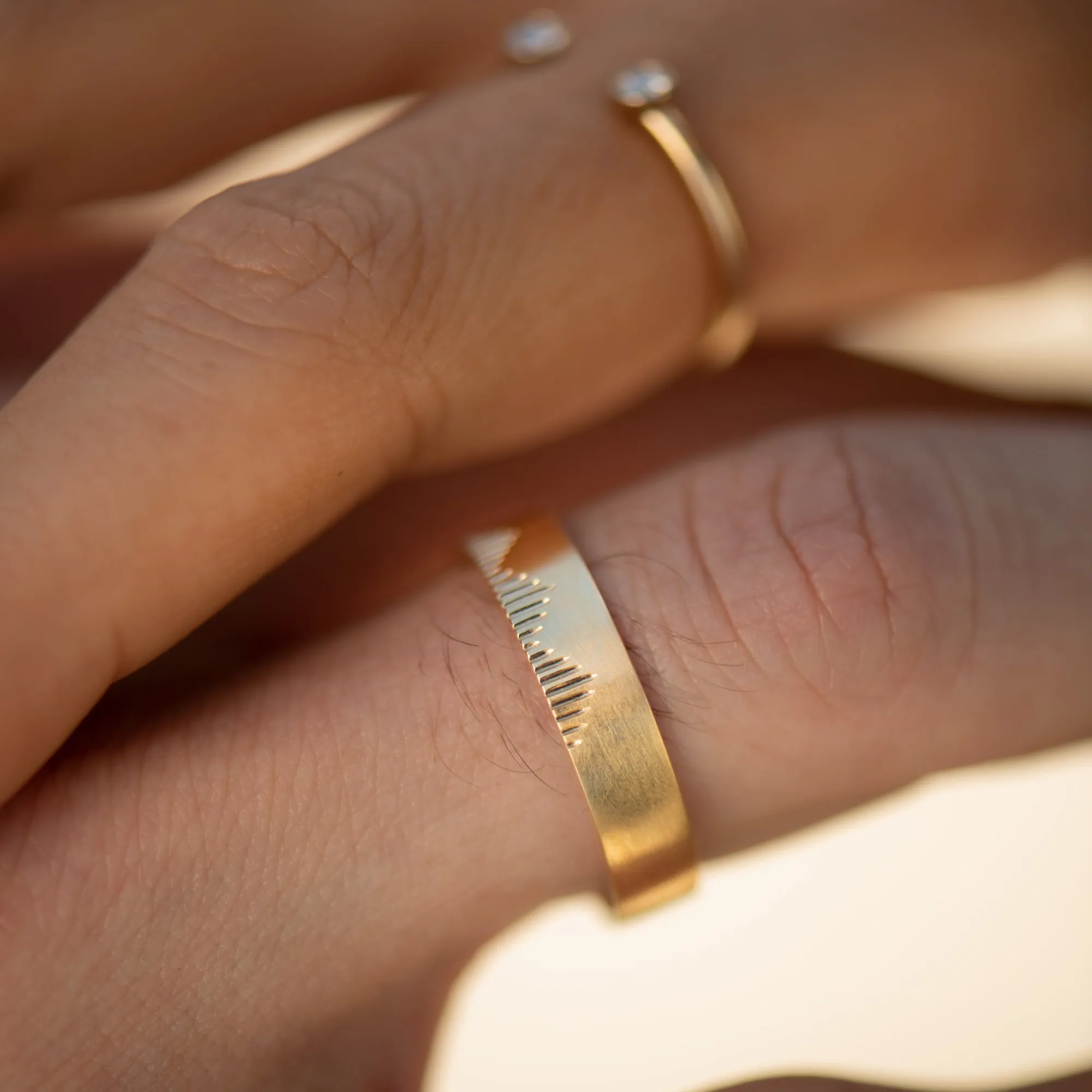 Golden Wedding Band with Linear Mountains