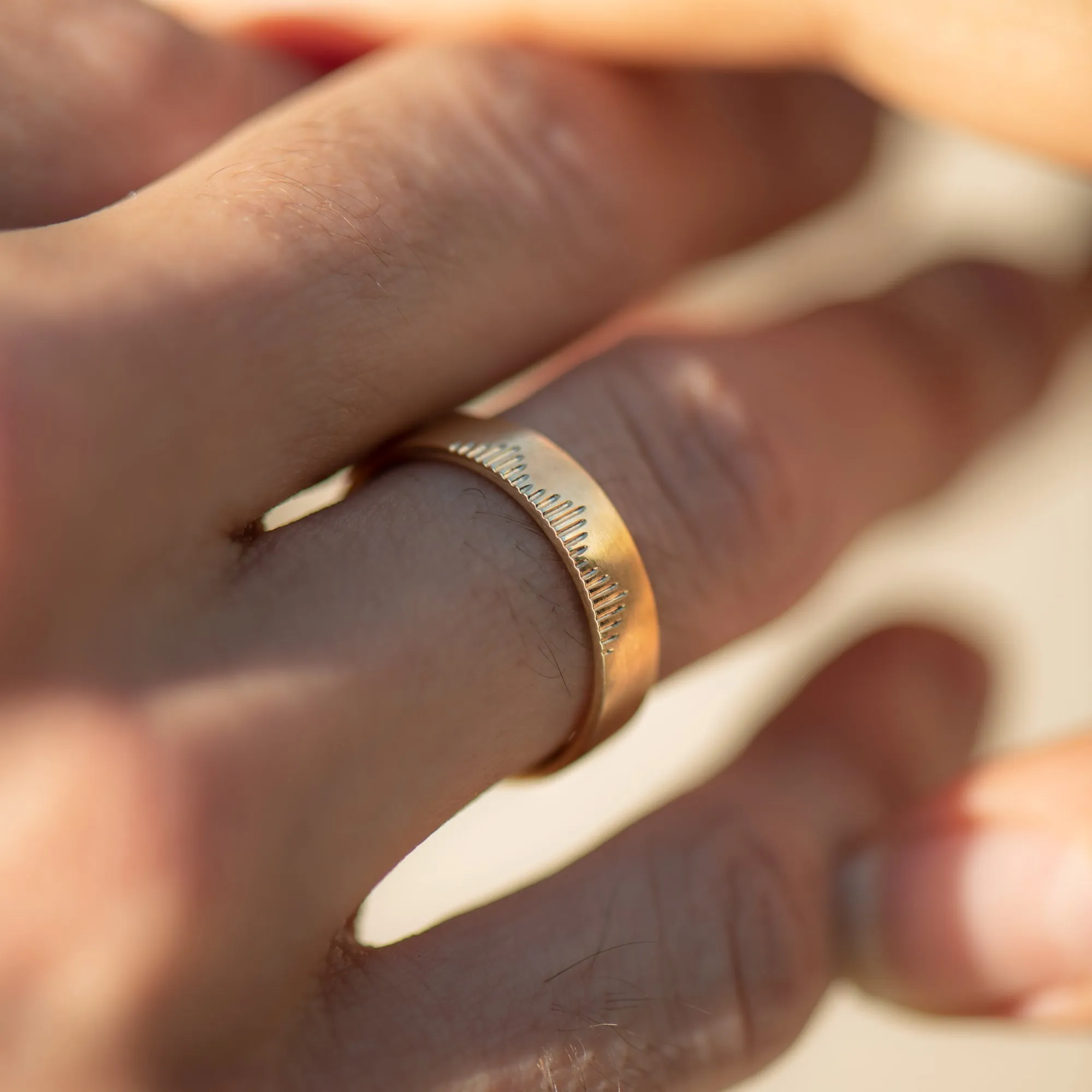 Golden Wedding Band with Linear Mountains