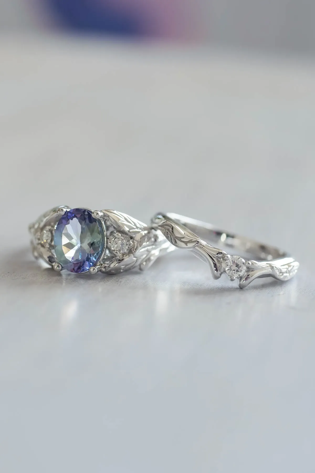 Bi color tanzanite engagement ring, alternative diamond proposal ring / Wisteria