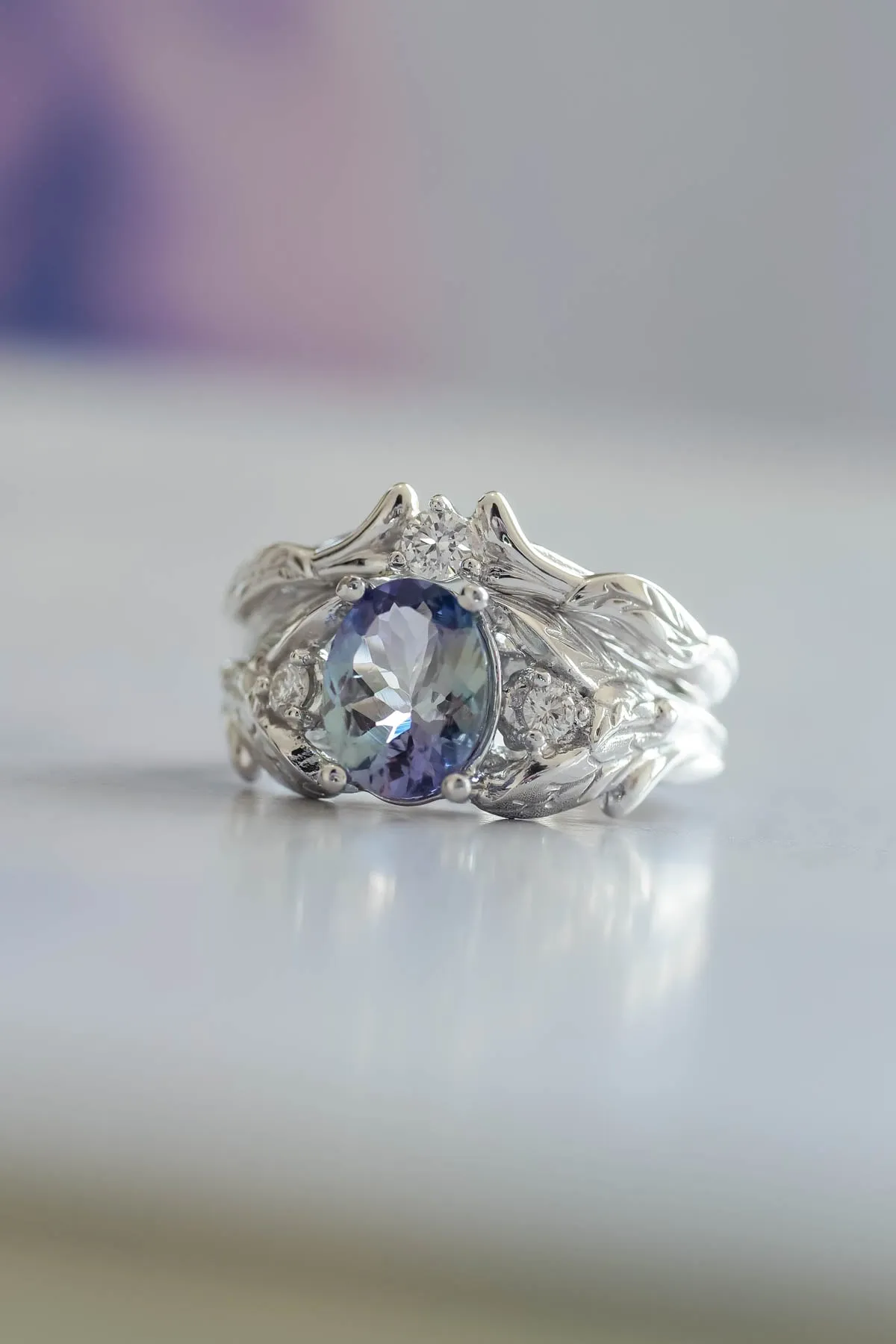 Bi color tanzanite engagement ring, alternative diamond proposal ring / Wisteria