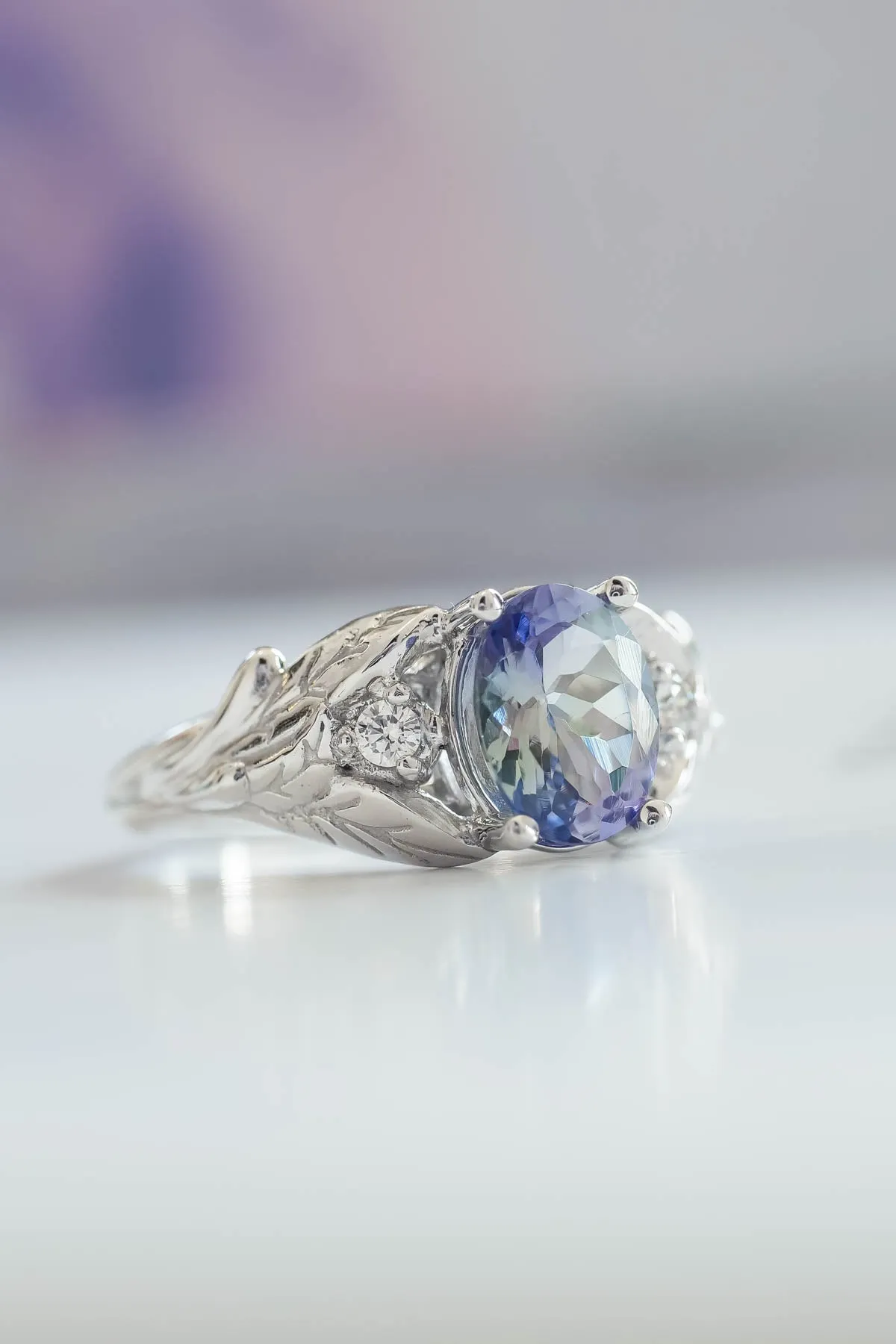 Bi color tanzanite engagement ring, alternative diamond proposal ring / Wisteria