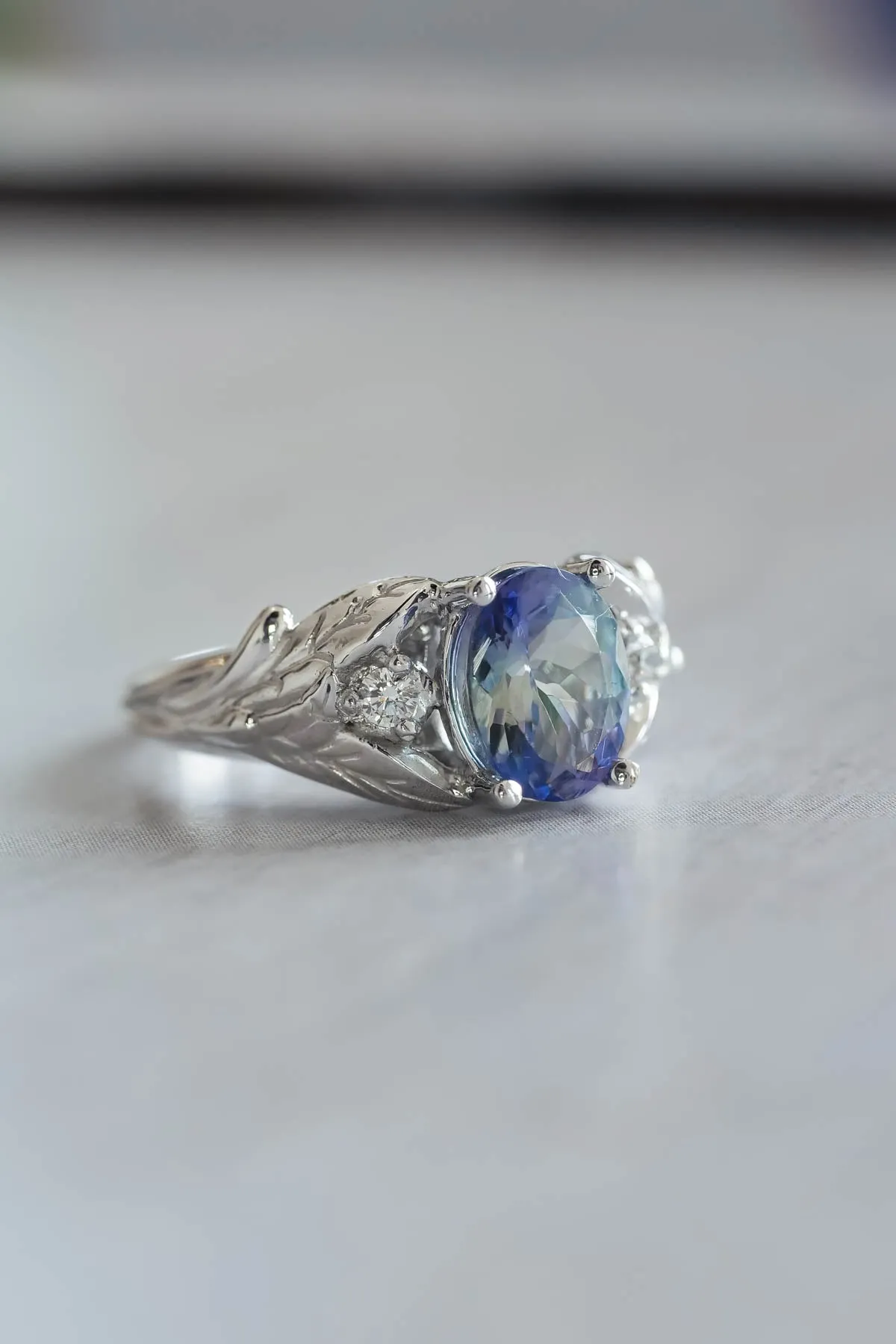 Bi color tanzanite engagement ring, alternative diamond proposal ring / Wisteria